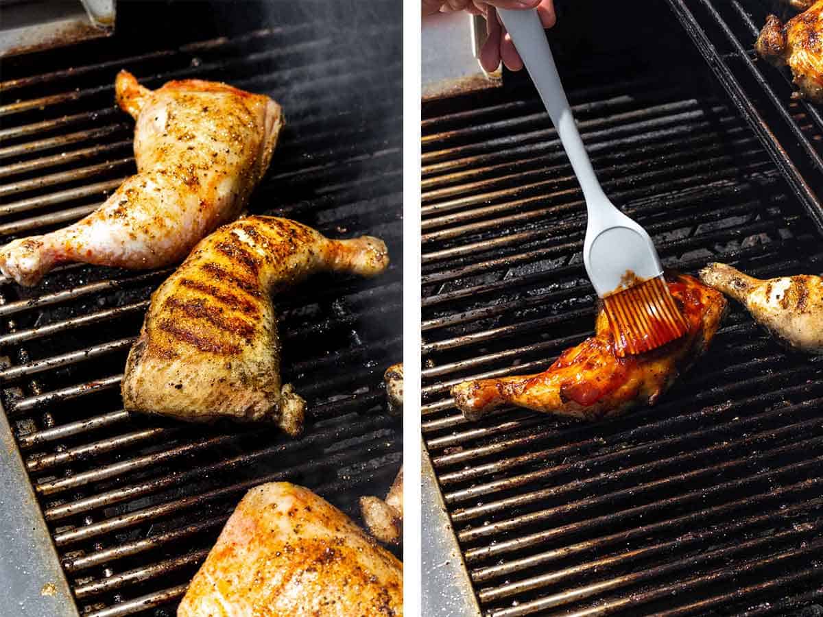 Set of two photos showing grilled chicken leg quarters with grill marks on the grill and then brushed with bbq sauce.