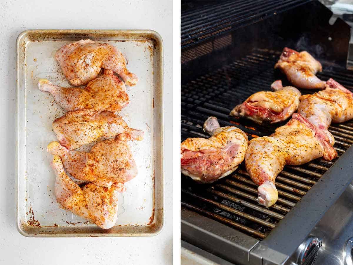Set of two photos showing chicken leg quarters seasoned and placed skin side down on a grill.