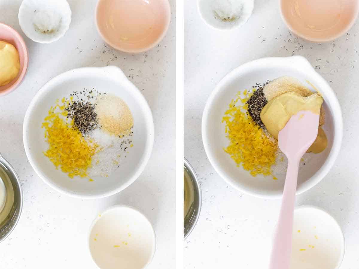 Set of two photos showing lemon zest, pepper, garlic powder, onion powder, salt, pepper, and dijon added to a small bowl.