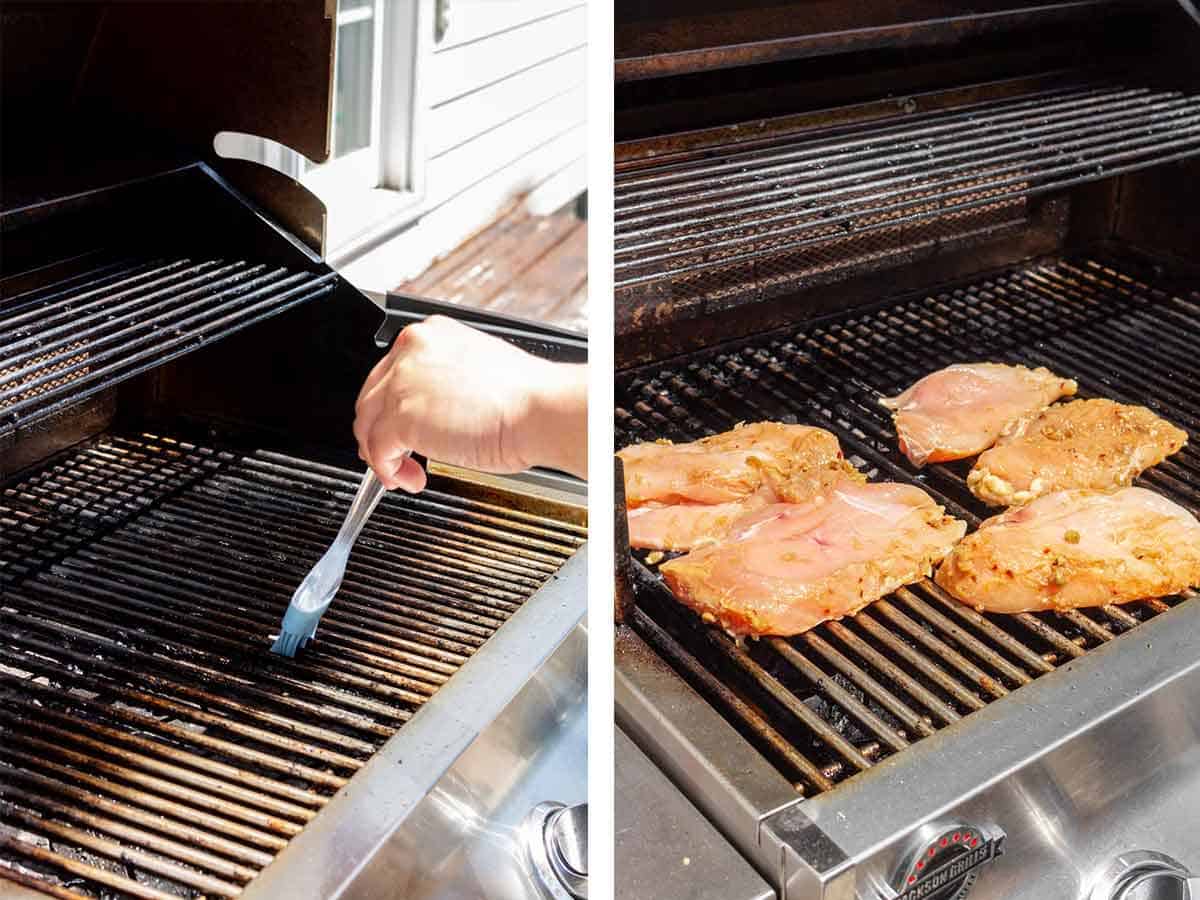 Set of two photos showing oil brushed onto a grill and chick placed onto the grill.