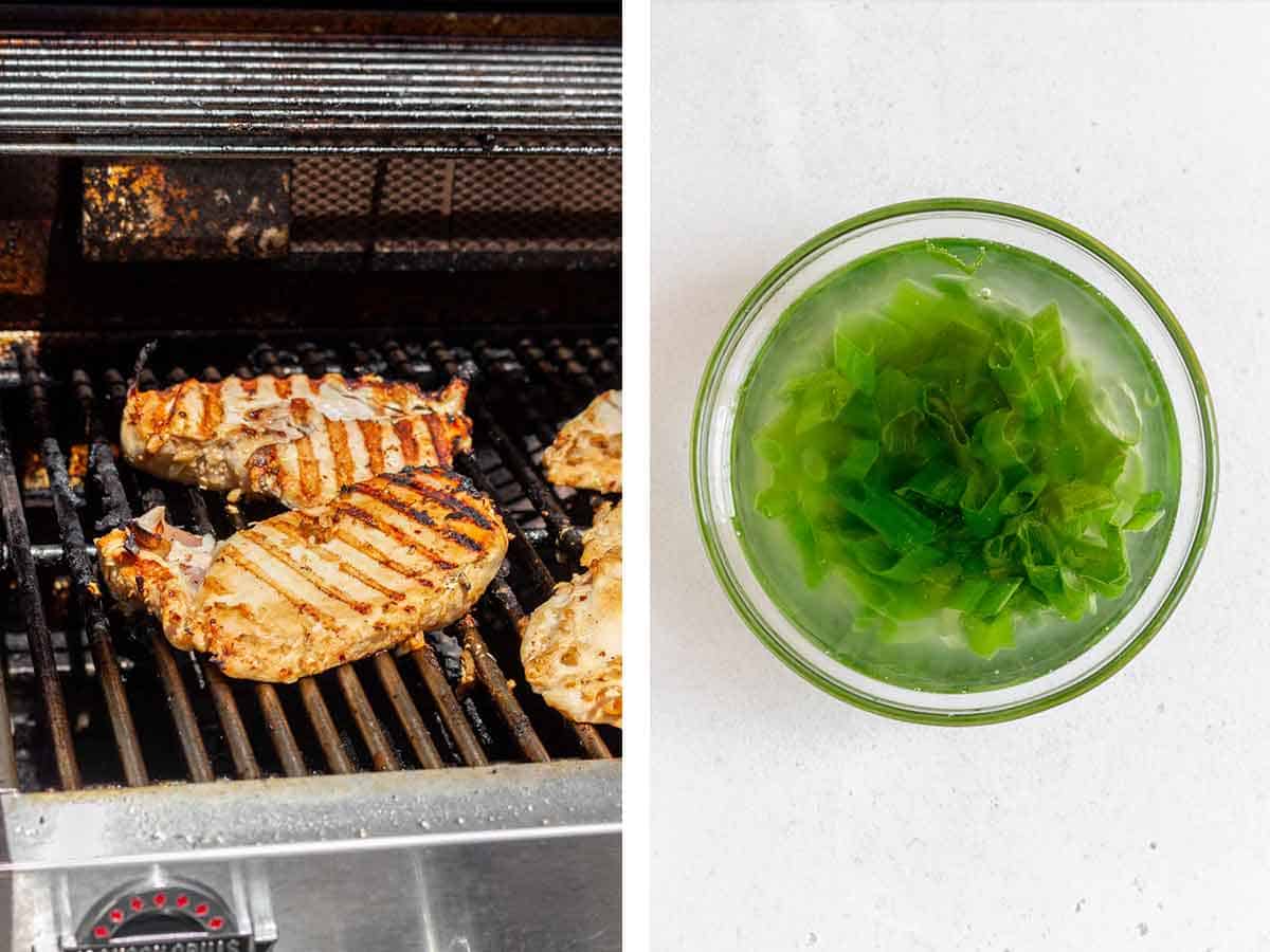 Set of two photos showing grilled lemongrass chicken and a bowl of scallion oil.