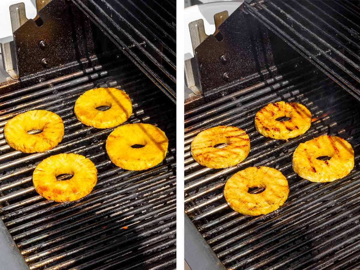 Set of two photos showing pineapples before and after flipping on the grill.