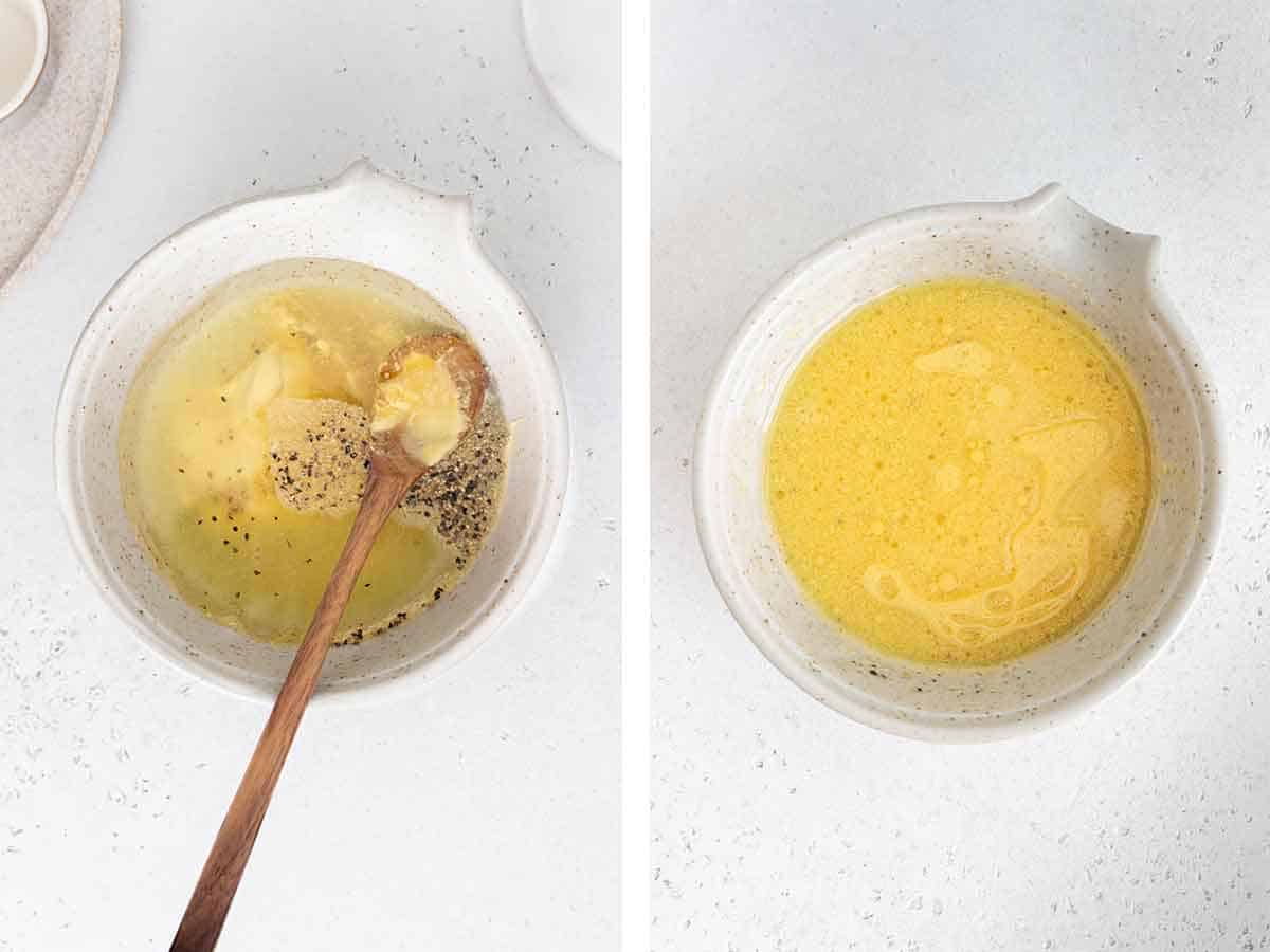 Set of two photos showing salad dressing ingredients in a bowl before and after mixing together.