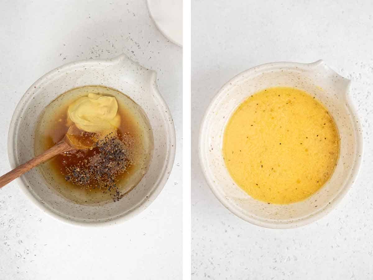 Set of two photos showing before and after ingredients for maple dijon dressing mixed together.