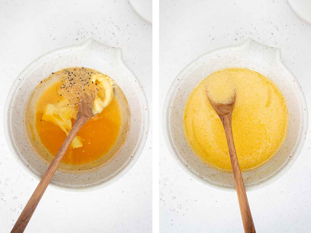Set of two photos showing before and after salad dressing ingredients mixed together.
