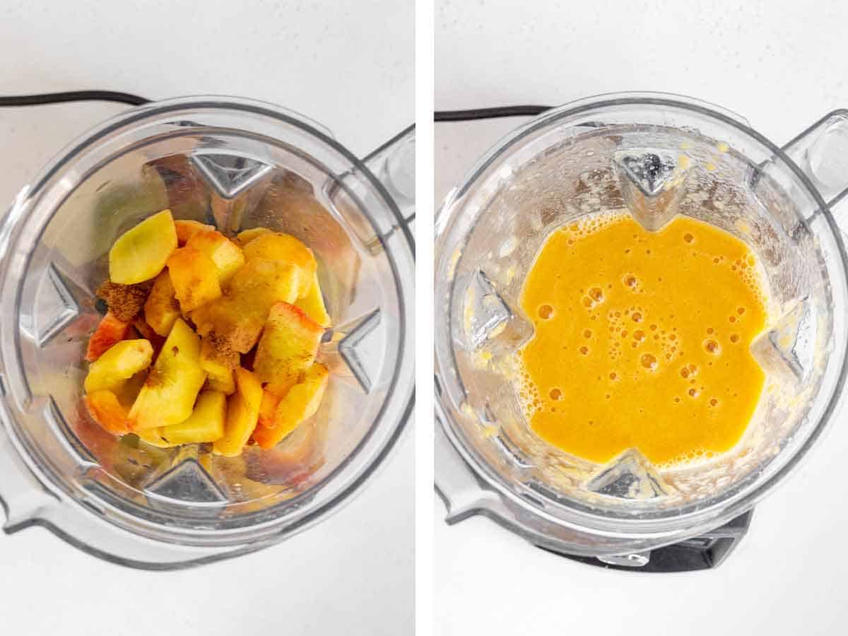 Set of two photos showing before and after ingredients blended in a blender.