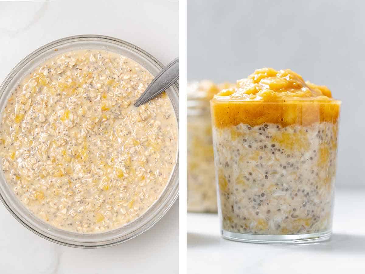 Set of two photos showing overnight oats ingredients mixed together in a bowl and then added to a glass.