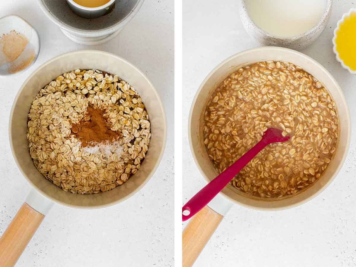 Set of two photos showing rolled oats, cinnamon, salt, and water added to a saucepan.