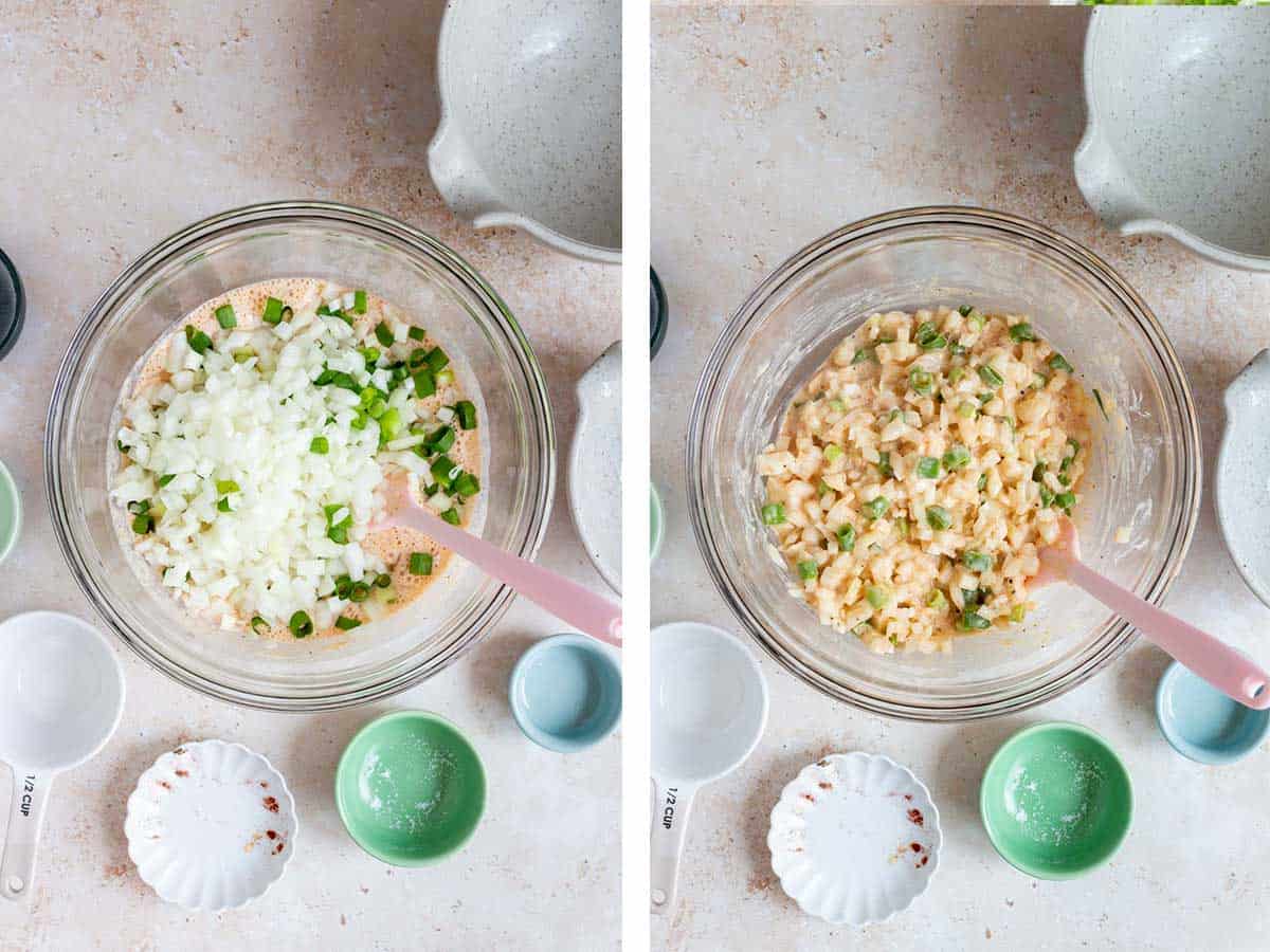 Set of two photos showing green onions and onions added to the mixture and mixed to combine.