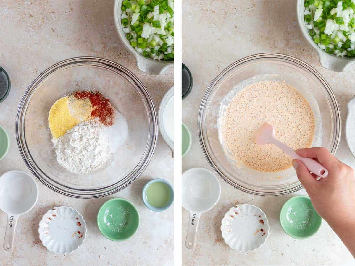 Set of two photos showing dry ingredients added to a bowl then mixed with milk.