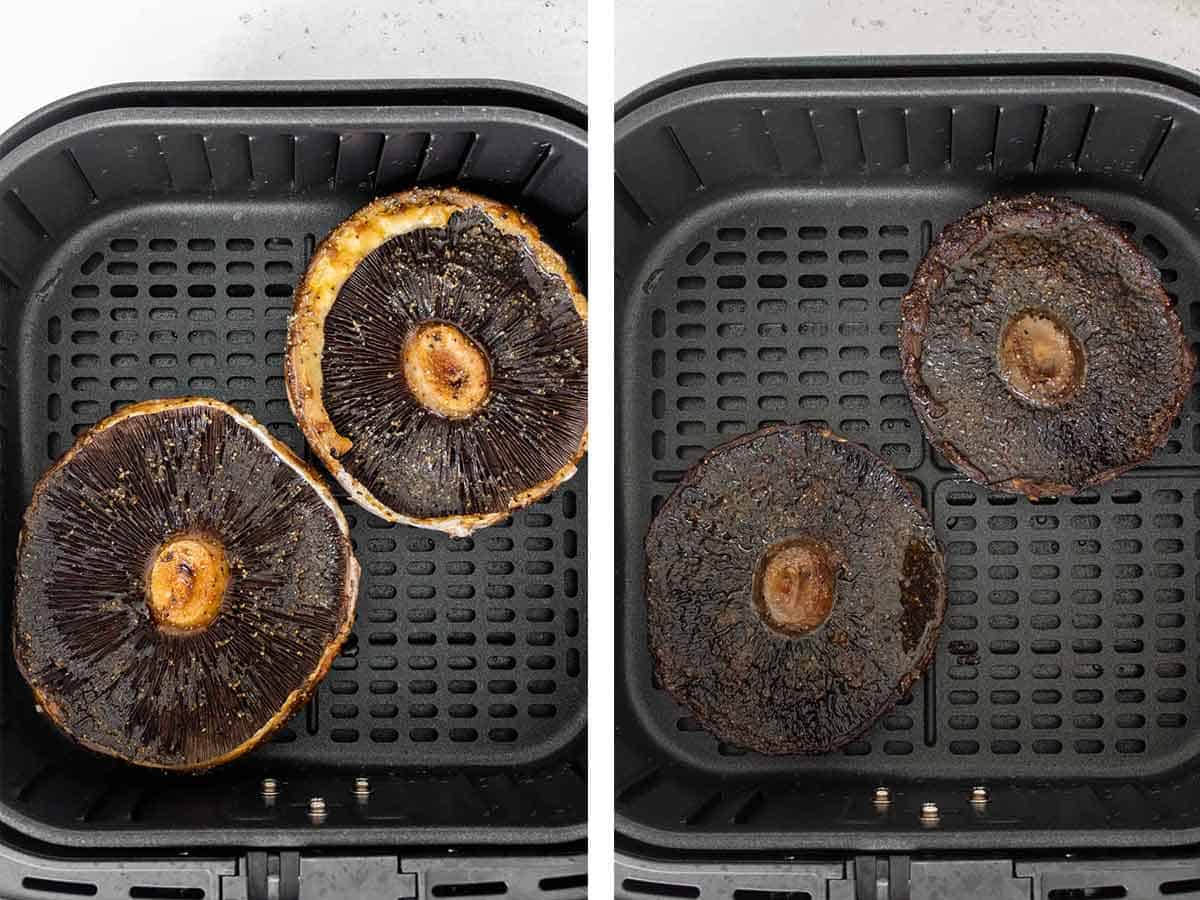 Set of two photos showing before and after portobello mushrooms air fried.