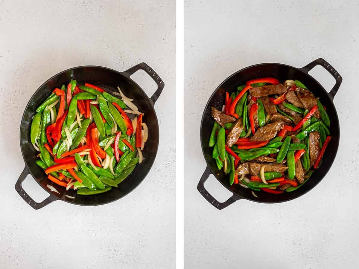 Set of two photos showing vegetables cooked in a pan then beef added back in.