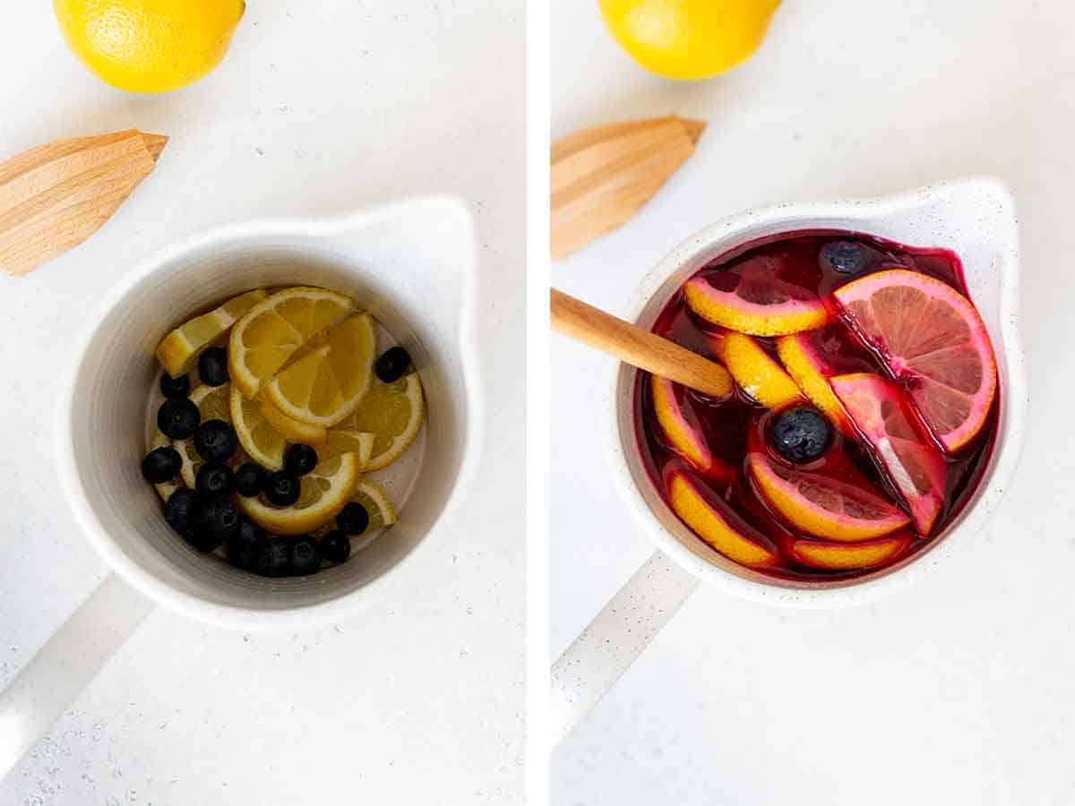 Set of two photos showing a pitcher with sliced lemons, blueberries and then lemon juice and blueberry syrup added.
