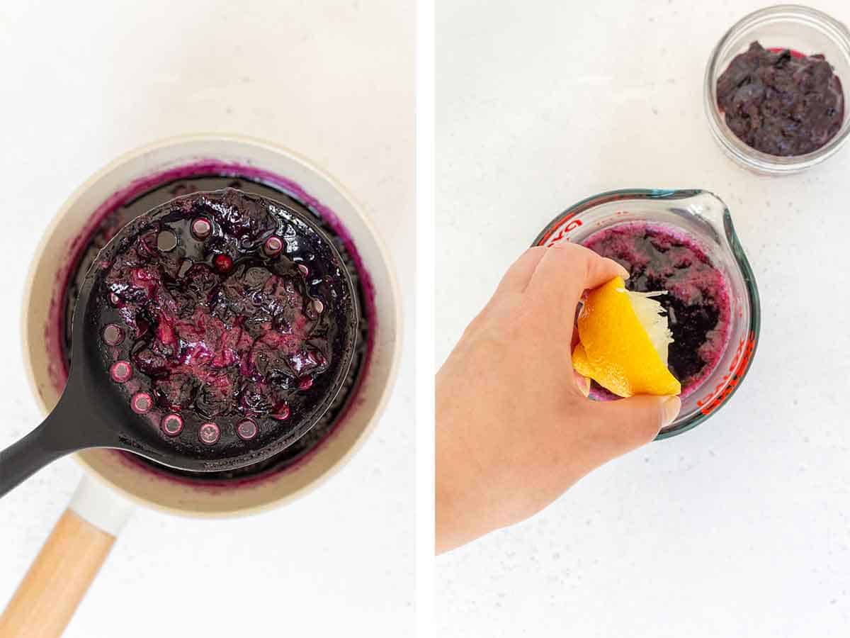 Set of two photos showing blueberry skins removed and lemon juice squeezed into the syrup.