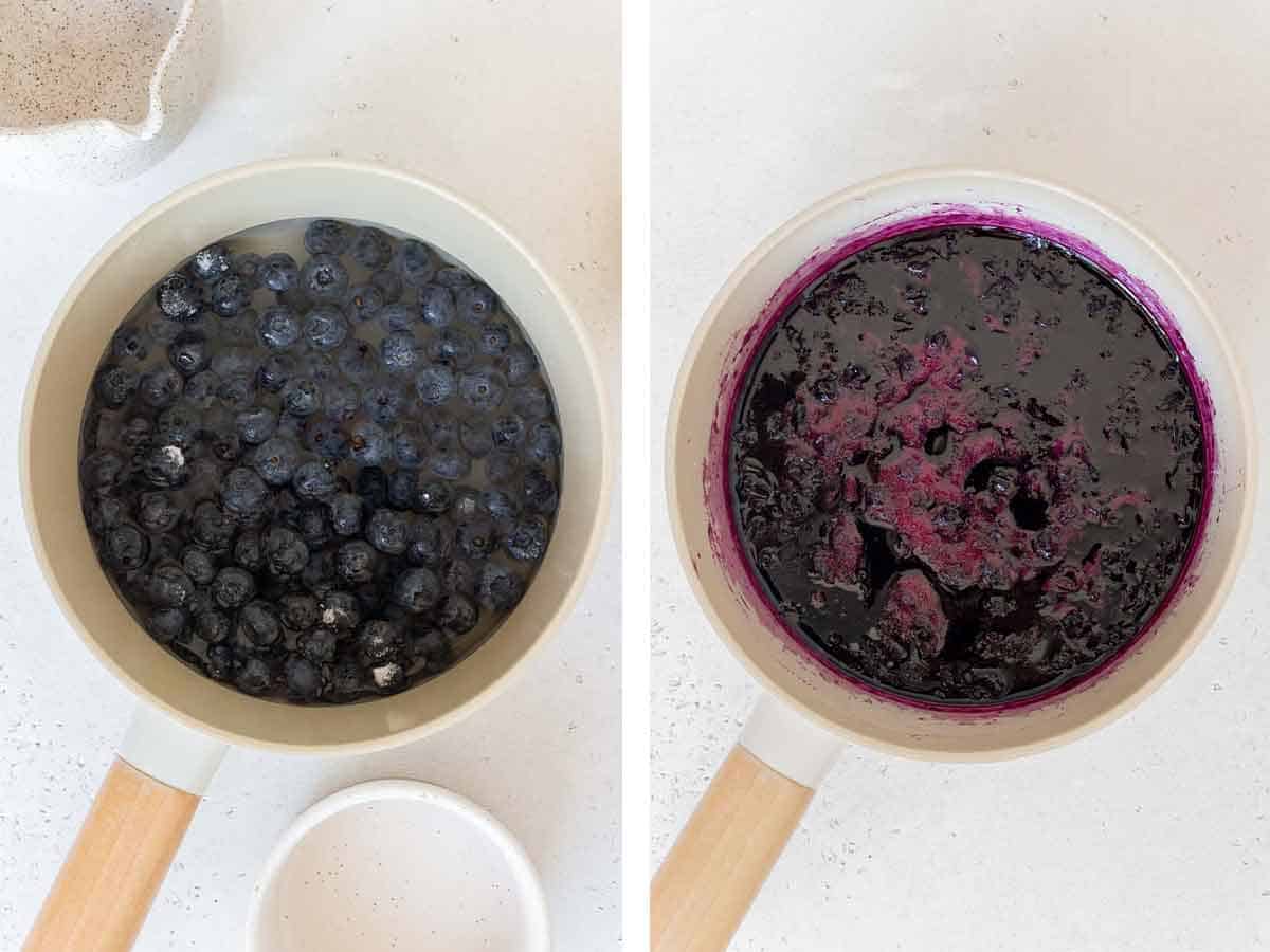 Set of two photos showing blueberries, sugar, and water added to a saucepan and simmered.