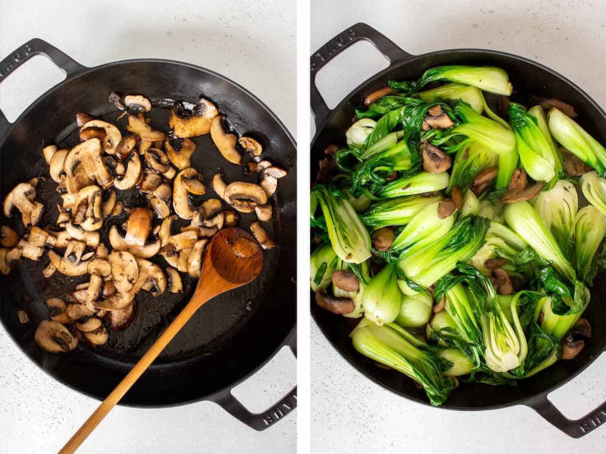 Set of two photos showing mushrooms sauteed in a skillet and bok choy added.