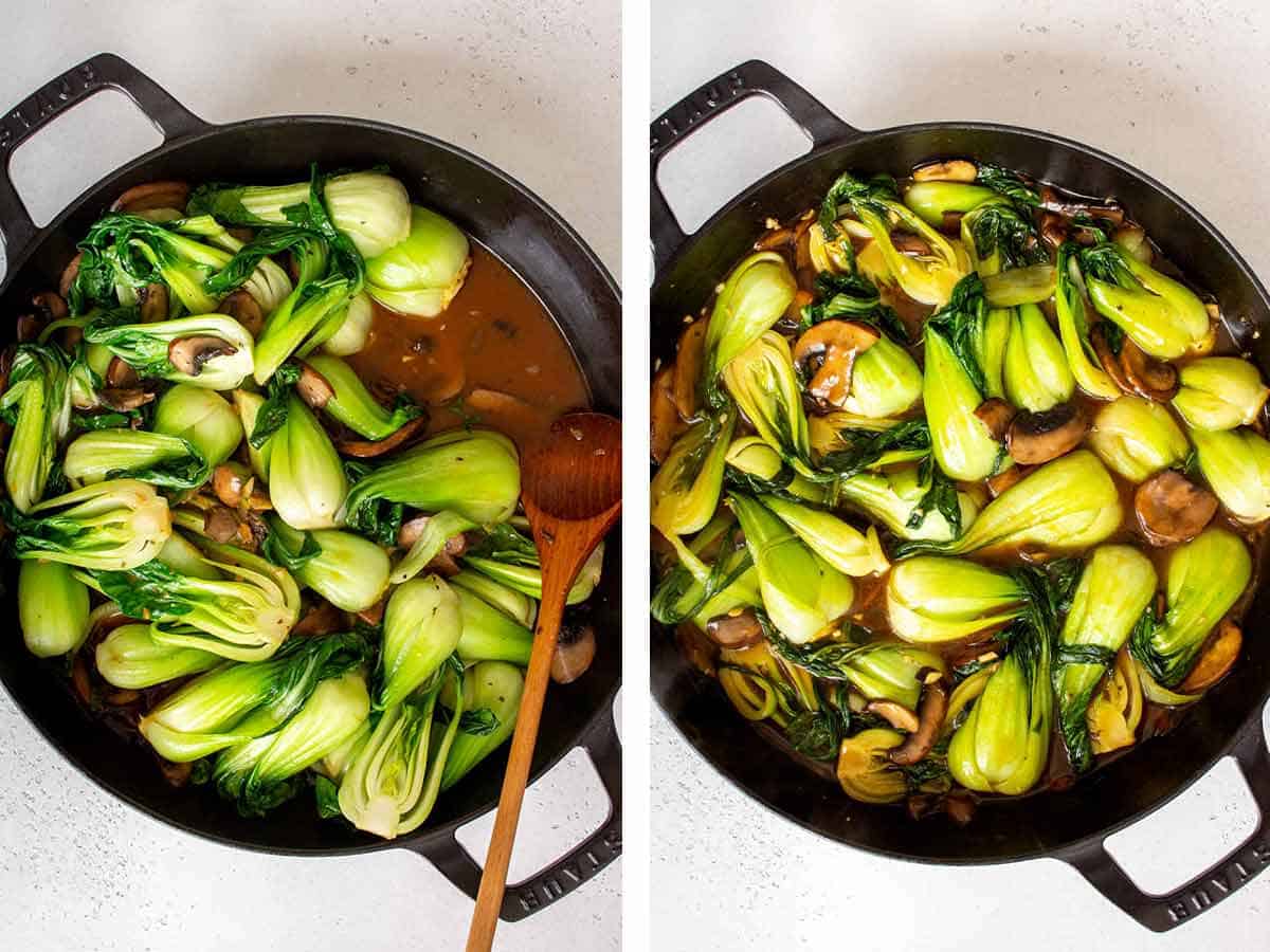 Set of two photos showing sauce added to the stir fried bok choy and mushrooms.