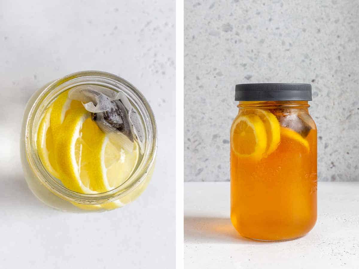 Set of two photos showing earl grey iced tea ingredients added to a mason jar then steeped.