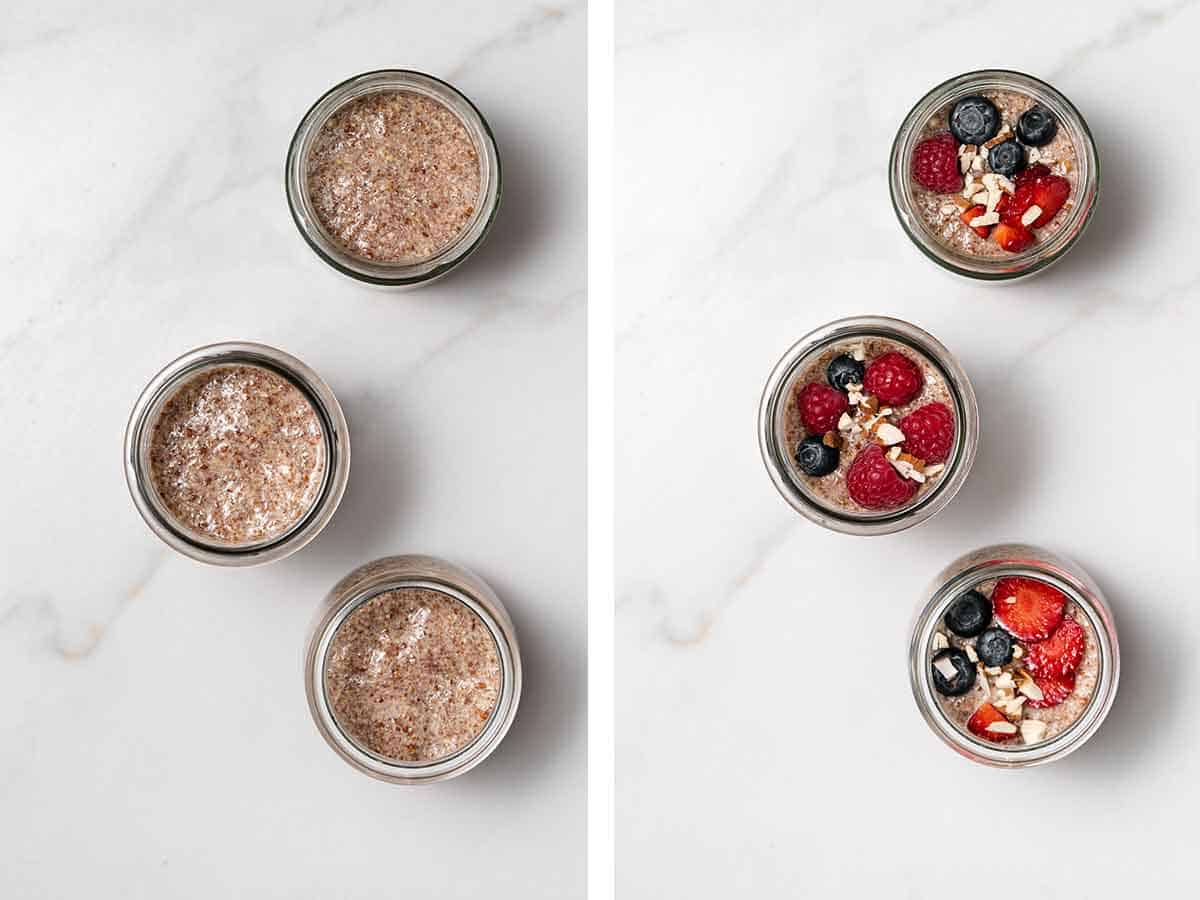 Set of two photos showing three jars of flaxseed pudding topped with berries and chopped almonds.