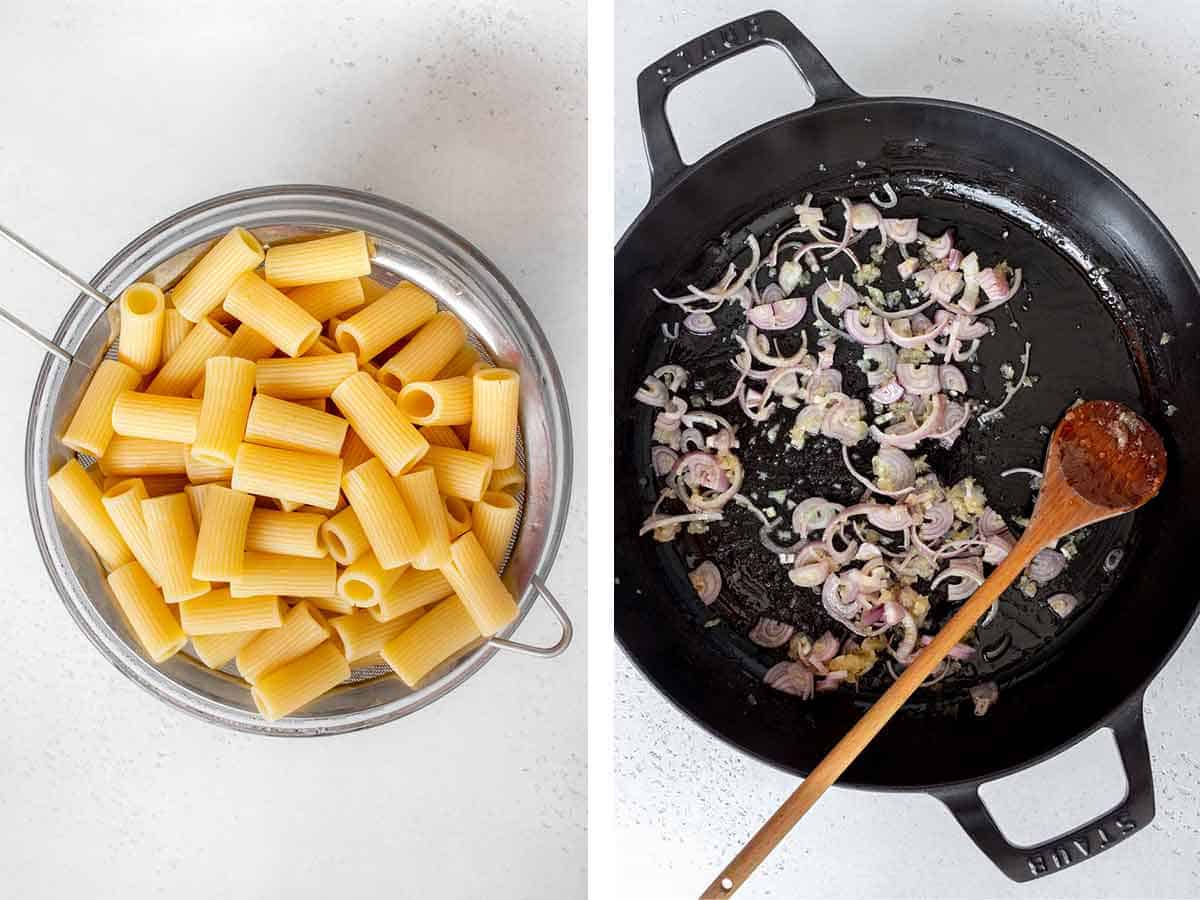 Set of two photos showing pasta cooked and drained and shallots cooked in a skillet.