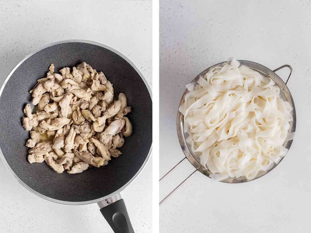 Set of two photos showing chicken cooked in a skillet and rice noodles cooked and drained.