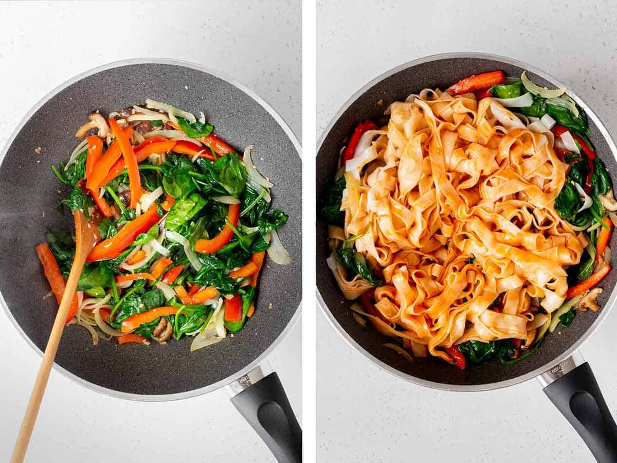 Set of two photos showing vegetables cooked in a skillet and noodles and sauce added.