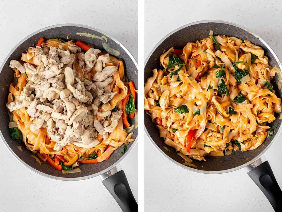 Set of two photos showing chicken added to the skillet of noodles and tossed to combine.