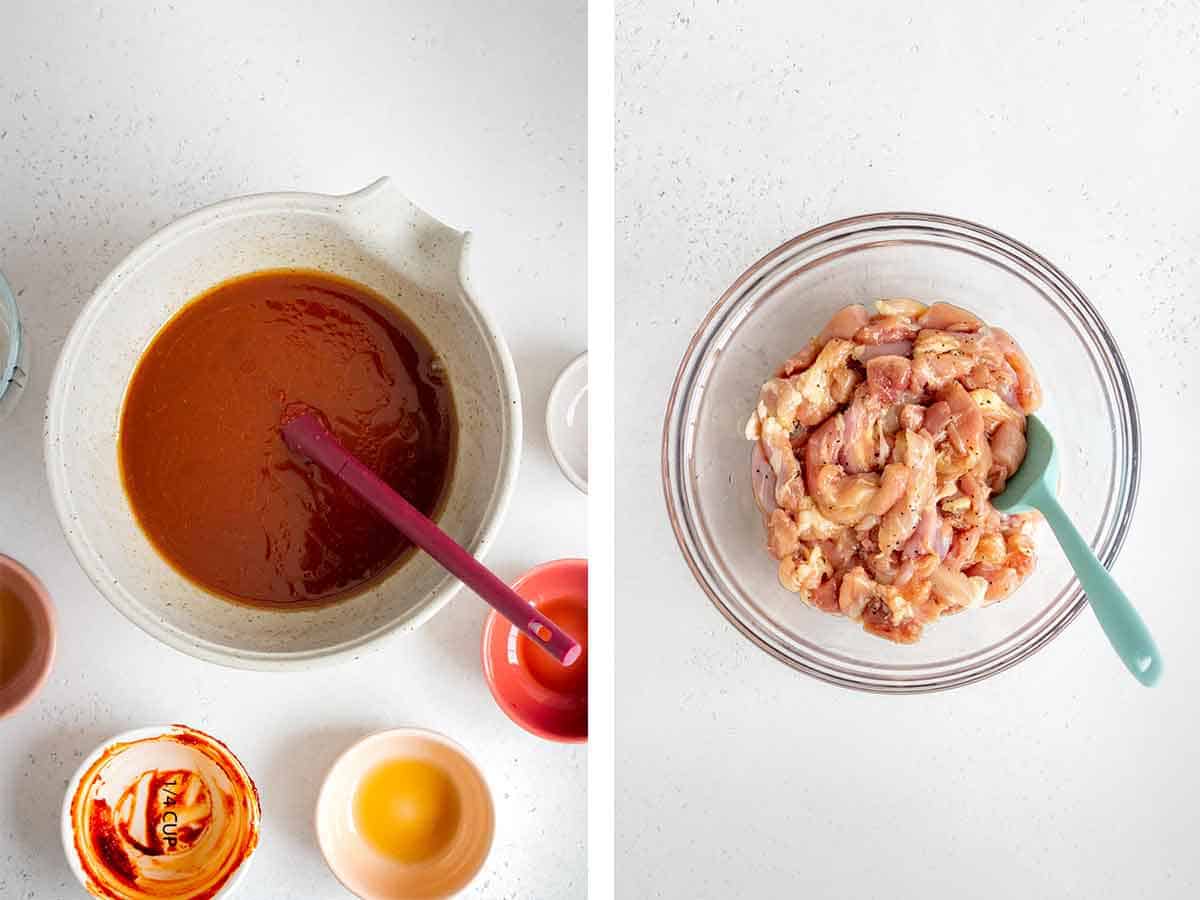 Set of two photos showing sauce mixed in a bowl and chicken seasoned in a bowl.