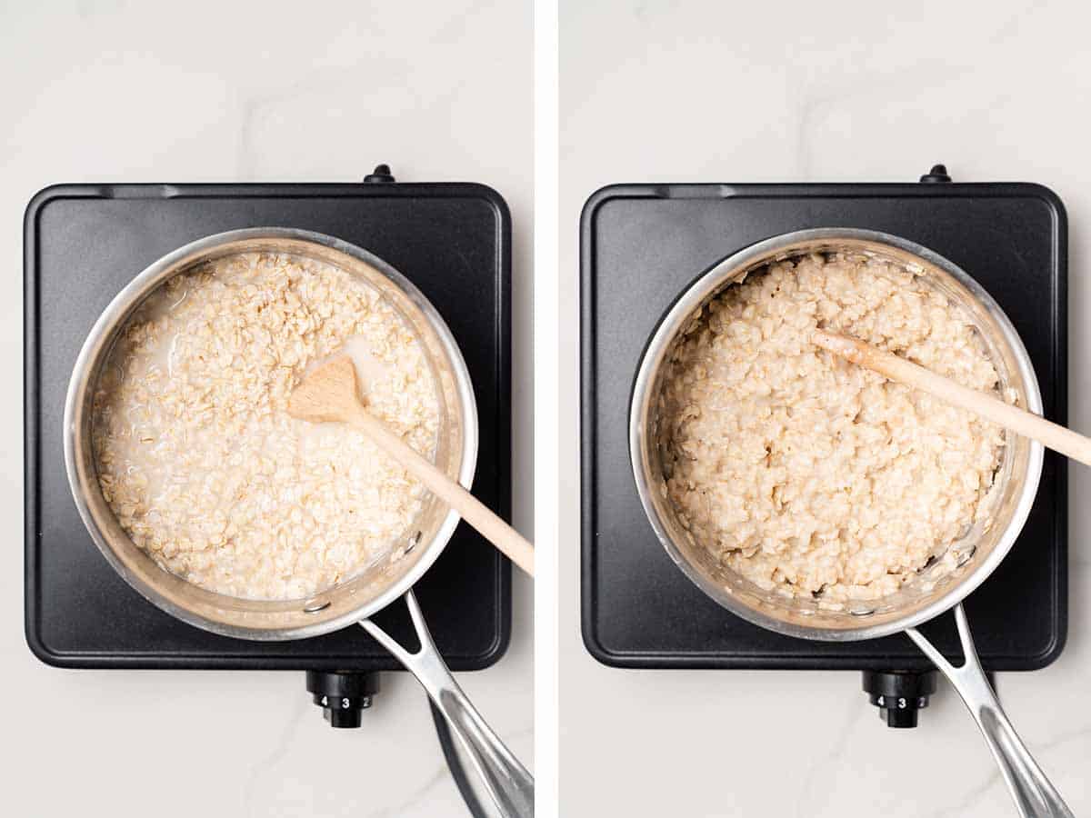 Set of two photos showing oatmeal stirred and cooked down.
