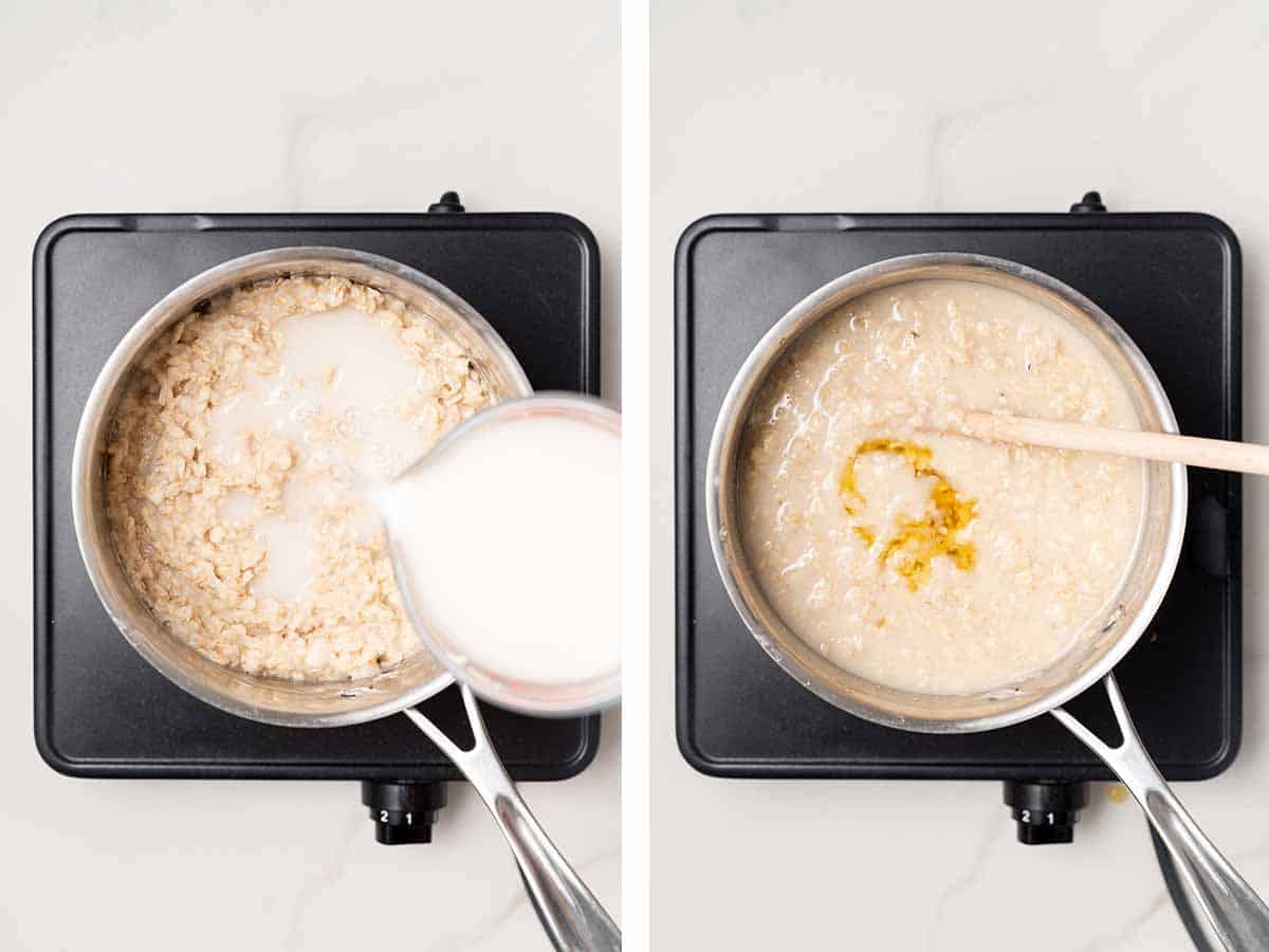 Set of two photos showing milk and honey added to a pot of oatmeal.