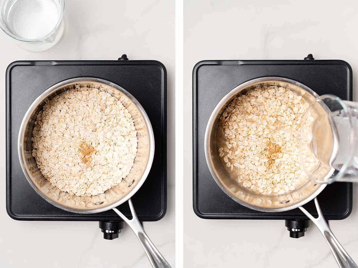 Set of two photos showing rolled oats, cinnamon, and water added to a pot.