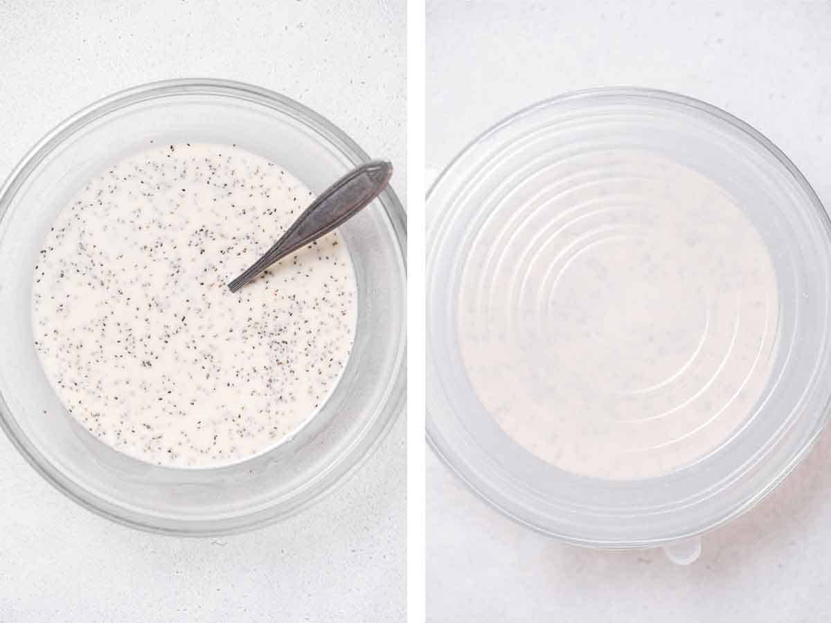 Set of two photos showing chia pudding mixture mixed together and covered.