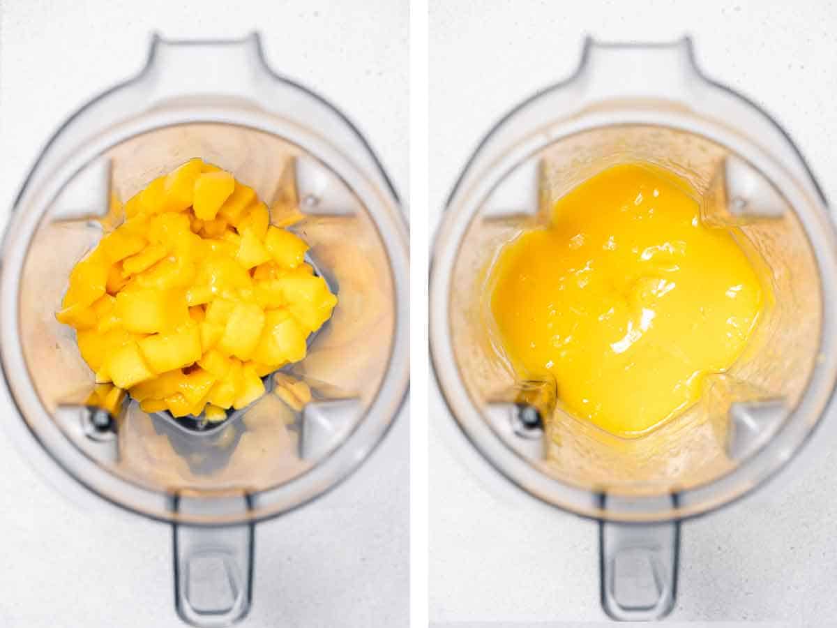 Zestaw dwóch zdjęć przedstawiających mango przed i po zmiksowaniu.