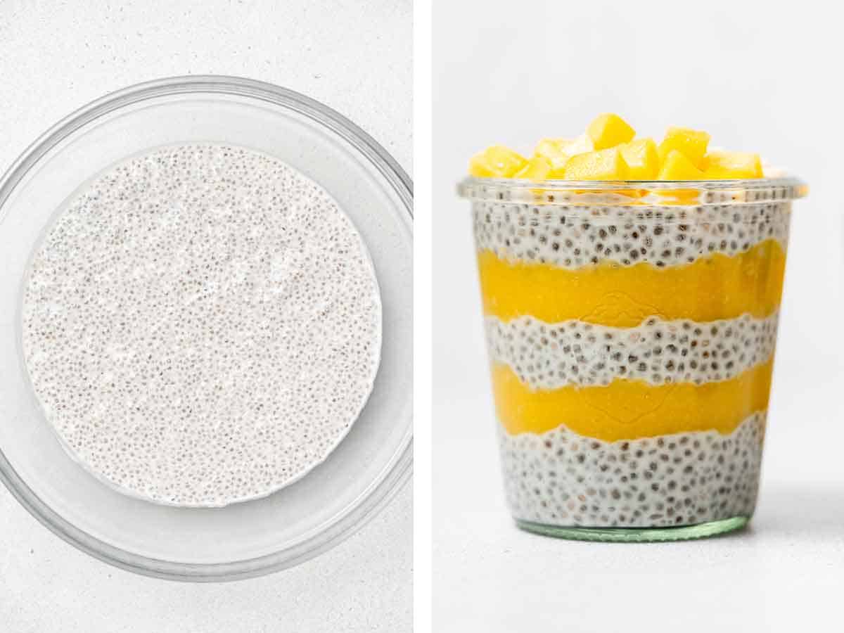Set of two photos showing chia pudding set then layered with the mango puree.