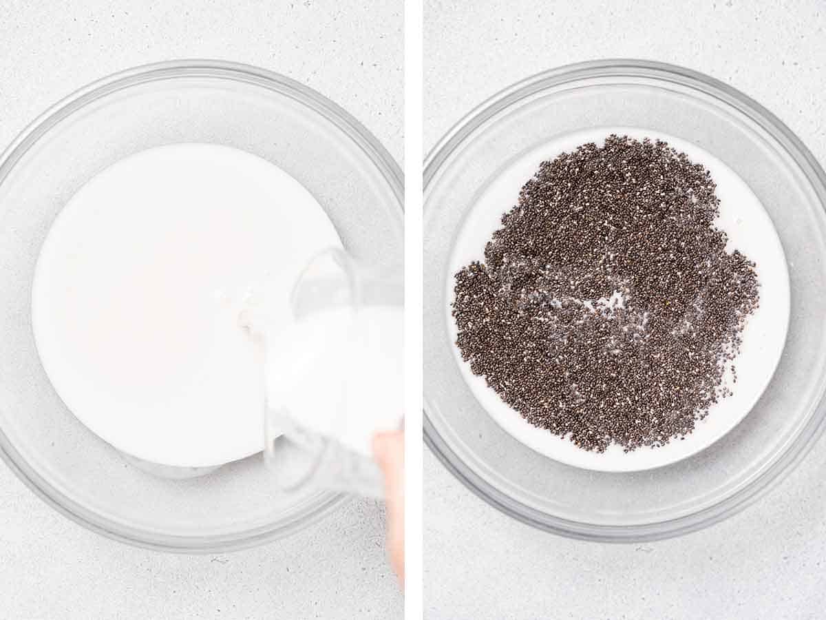 Set of two photos showing milk and chia seeds added to a bowl.