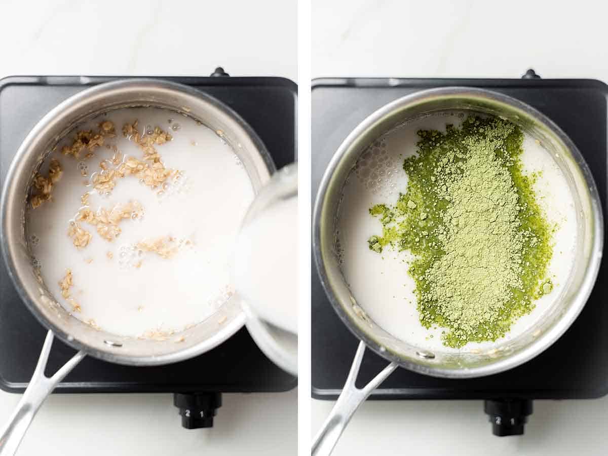 Set of two photos showing milk and matcha added to a pot.