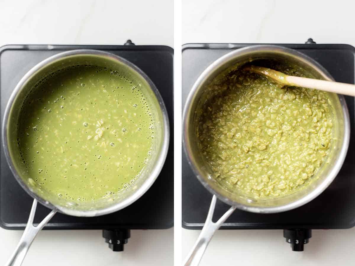 Set of two photos showing matcha oatmeal mixed together.