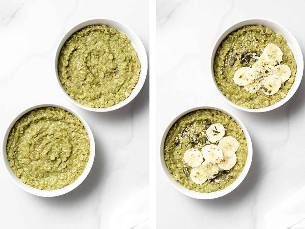 Set of two photos showing two bowls of matcha oatmeal with toppings added.