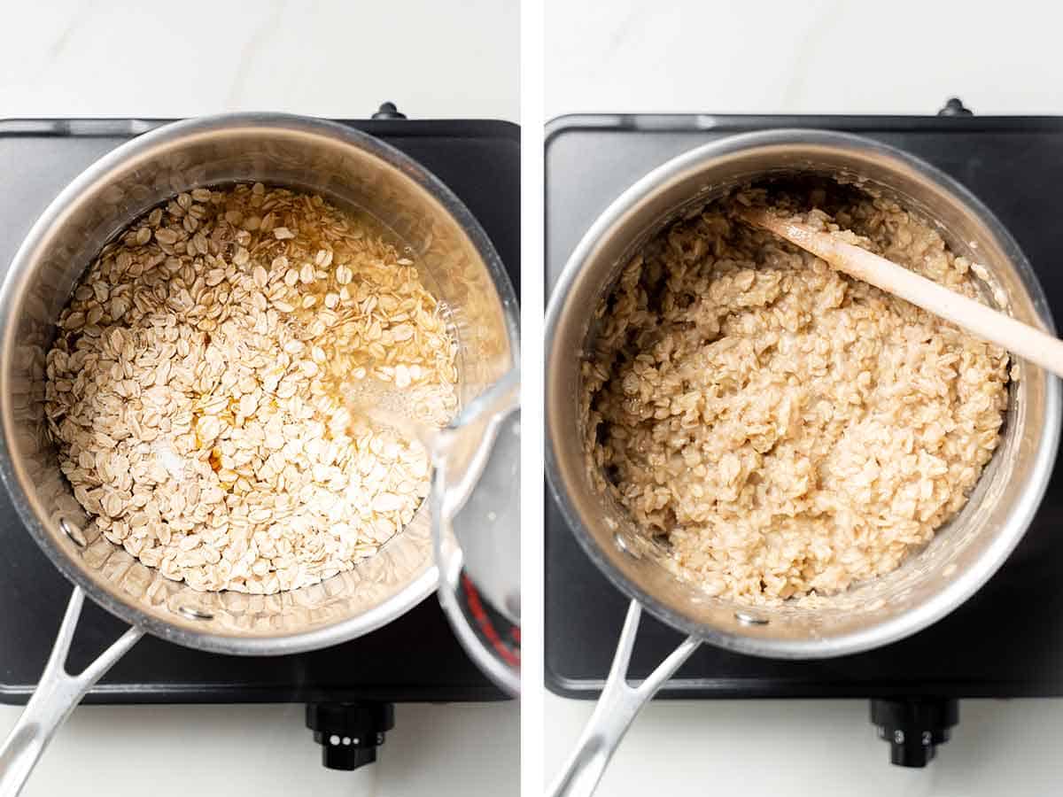 Set of two photos showing water added to rolled oats in a pot, stirred together.
