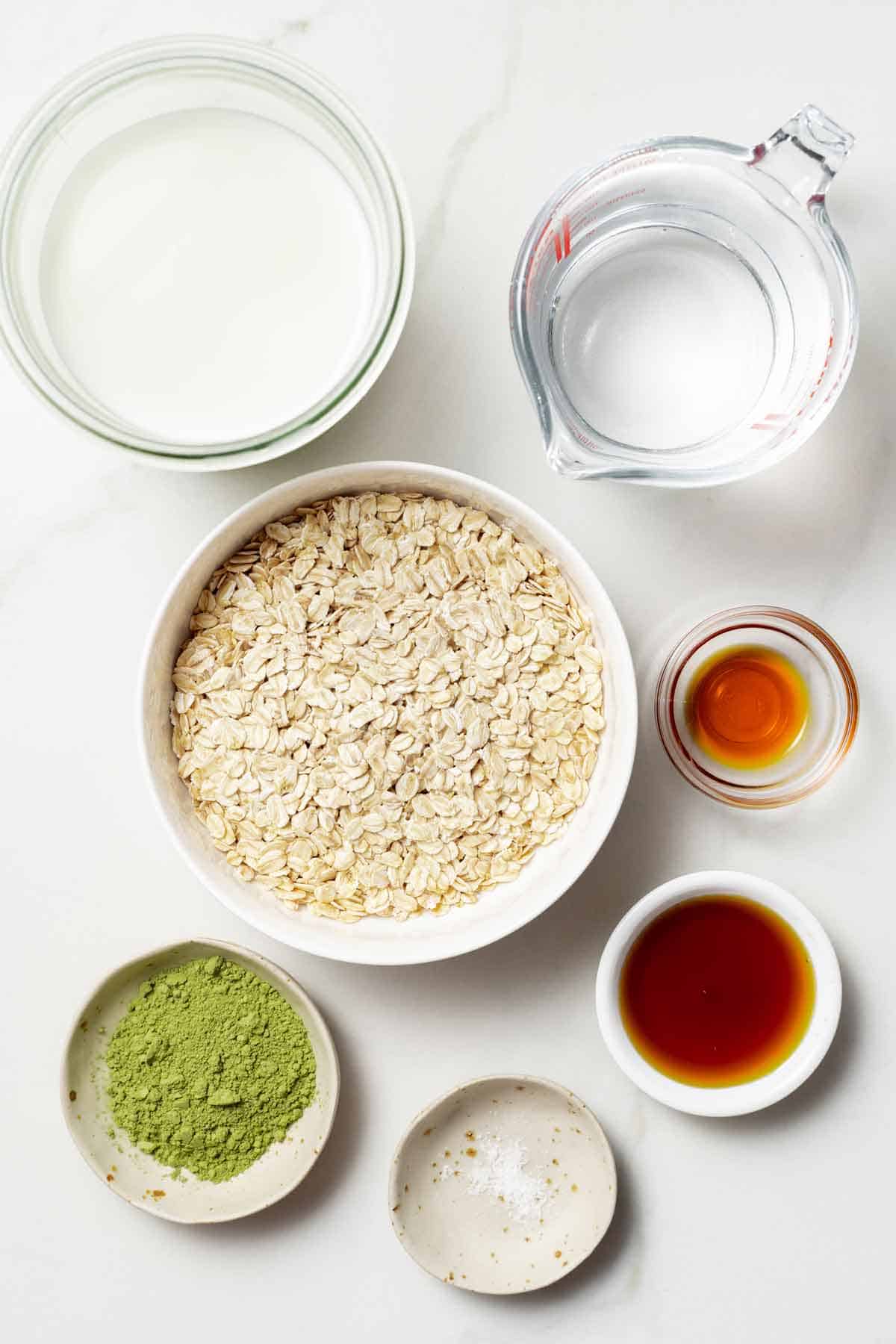 Ingredients needed to make matcha oatmeal.