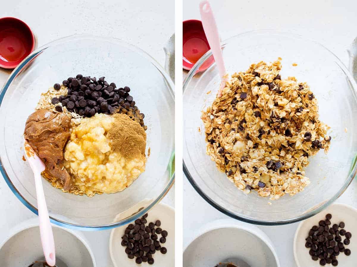 Set of two photos showing ingredients all added into a bowl and mixed.