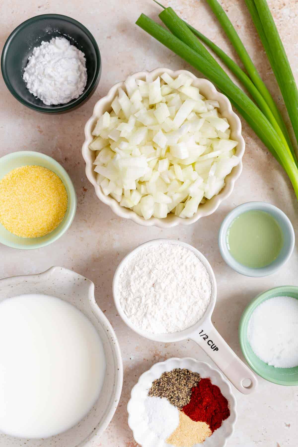 Ingredients needed to make onion fritters.