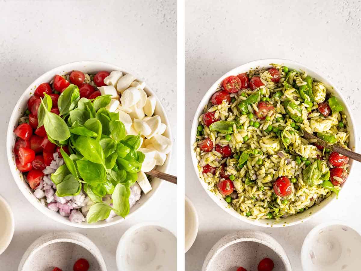 Set of two photos showing all the ingredients added to a large bowl and mixed together.