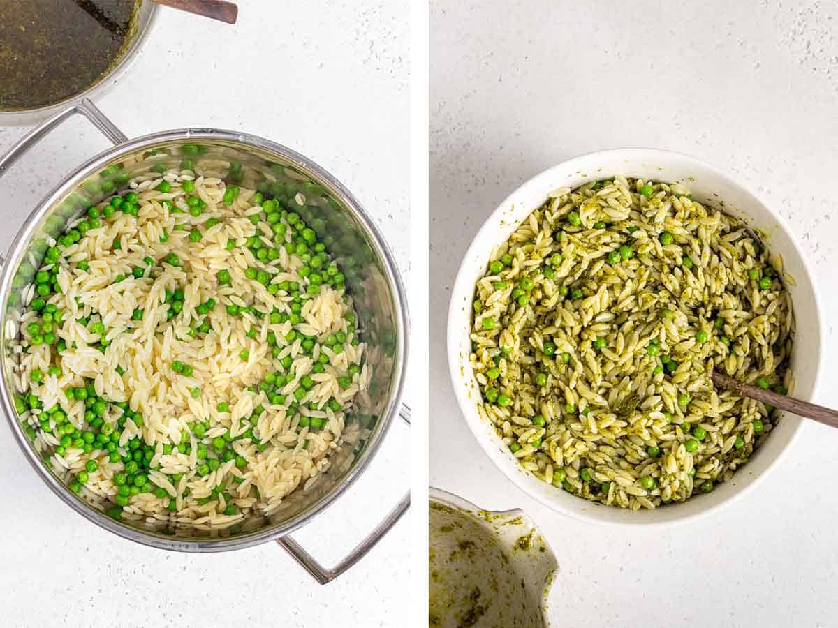 Set of two photos showing orzo and peas in a pot then tossed in lemon pesto sauce.