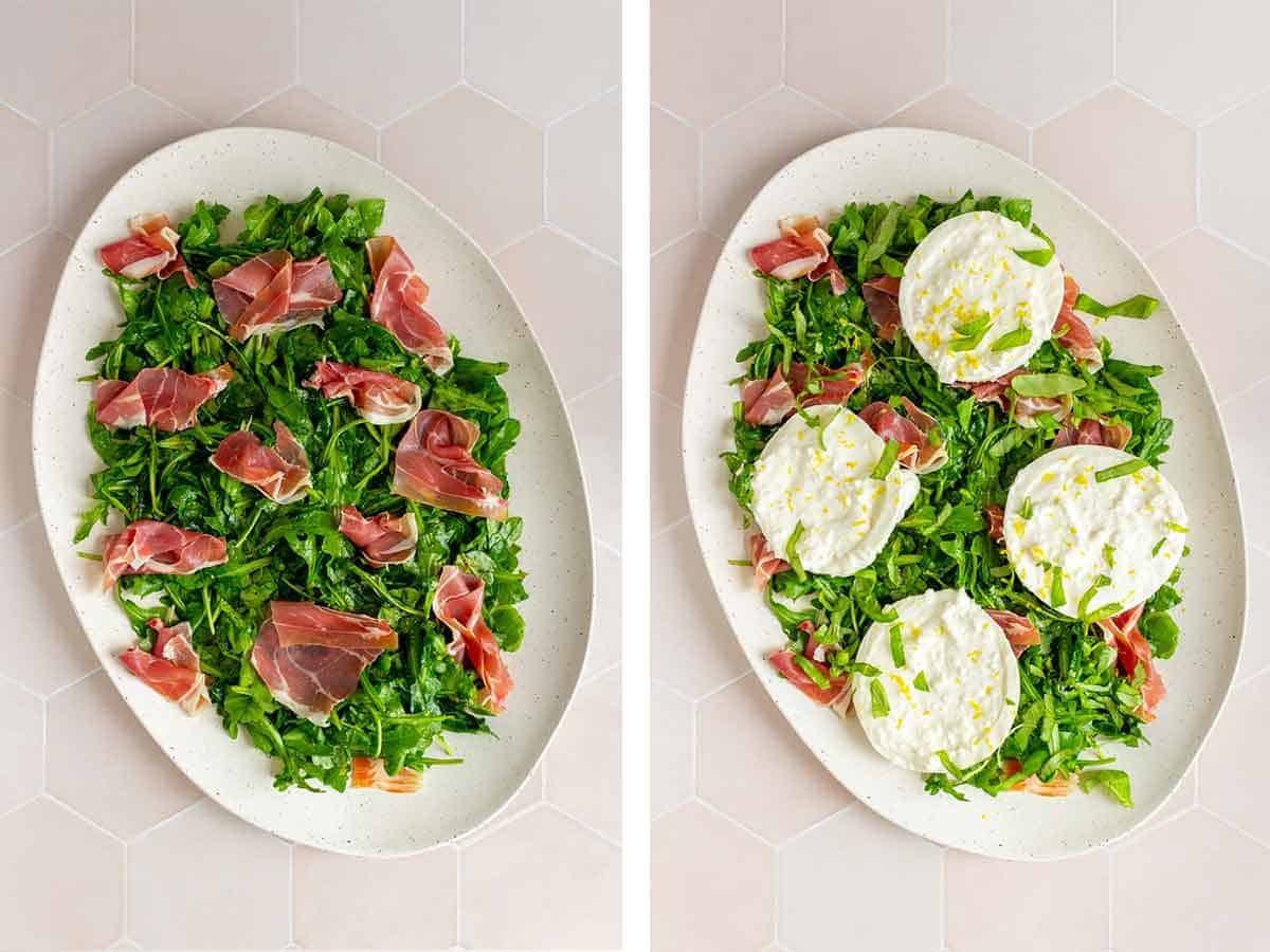 Set of two photos showing prosciutto and burrata added to the platter with lemon zest and basil on top.