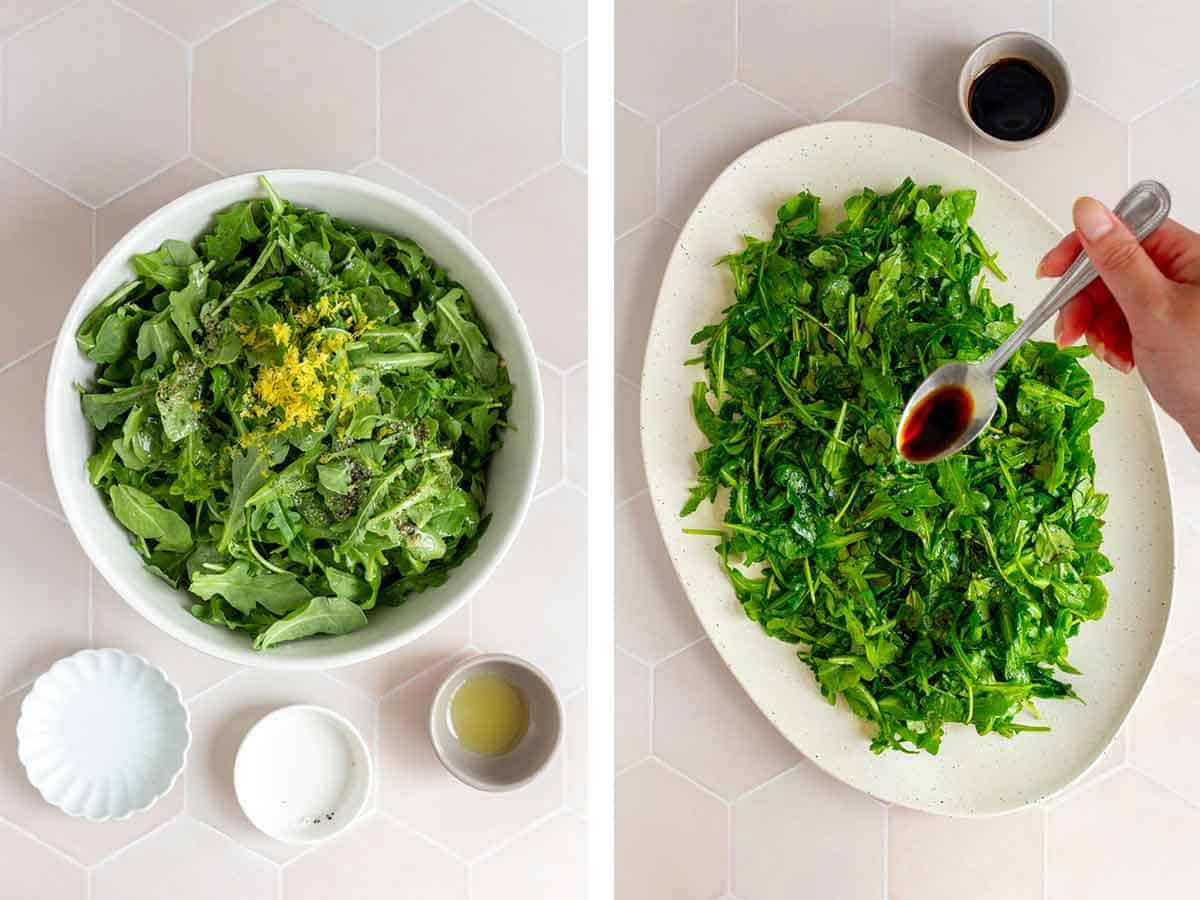 Set of two photos showing salad tossed together and balsamic vinegar drizzled on top.