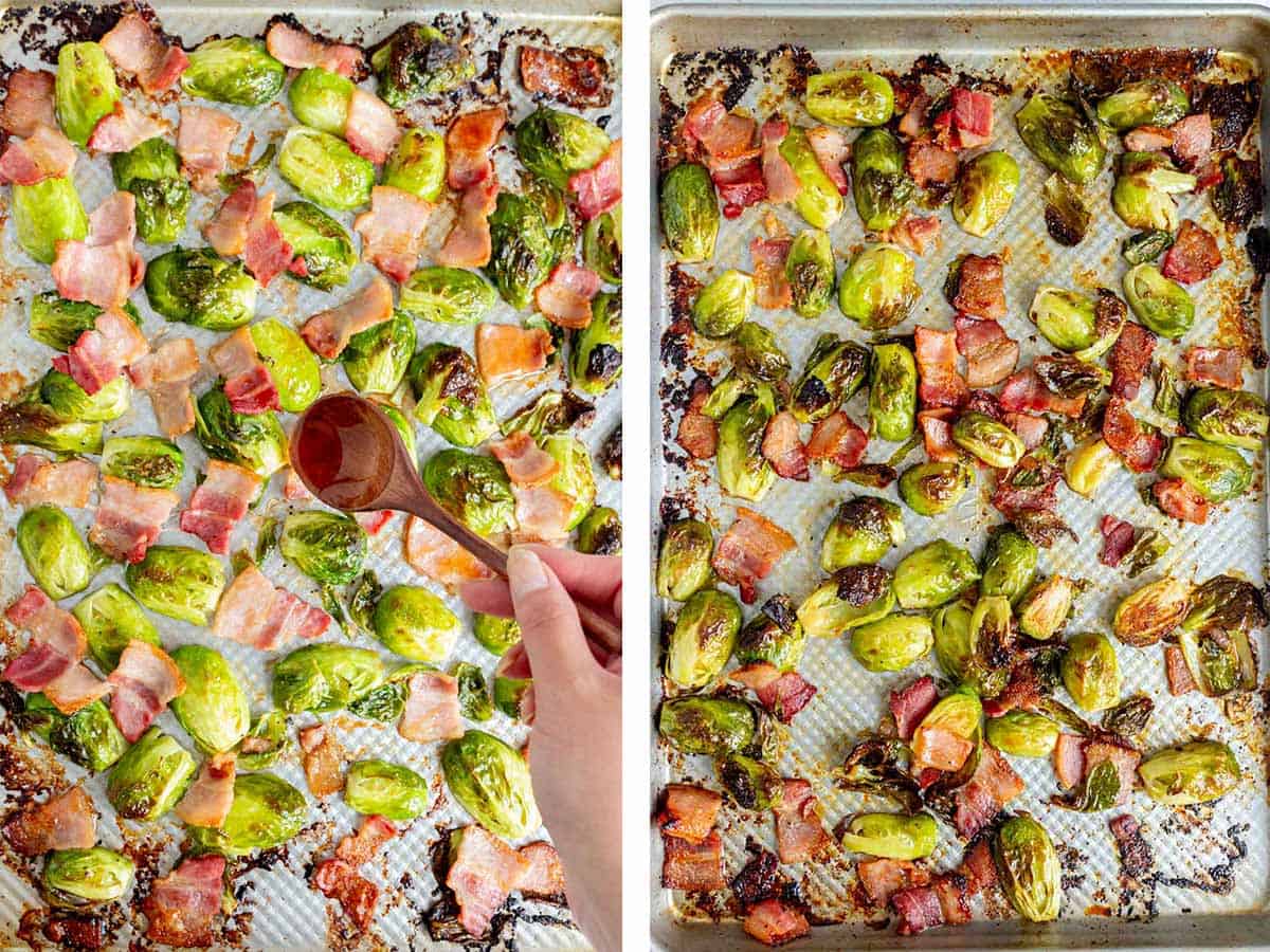 Set of two photos showing hot honey drizzled over semi-roasted brussels sprouts with bacon on a sheet pan.