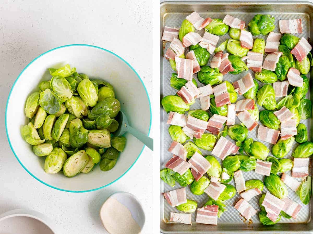 Set of two photos showing brussels sprouts coated in oil, salt, and pepper then placed on a sheet pan with cut bacon.