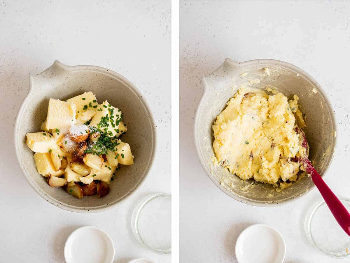 Set of two photos showing cubed butter, salt, chives, and roasted garlic added to a mixing bowl and combined.