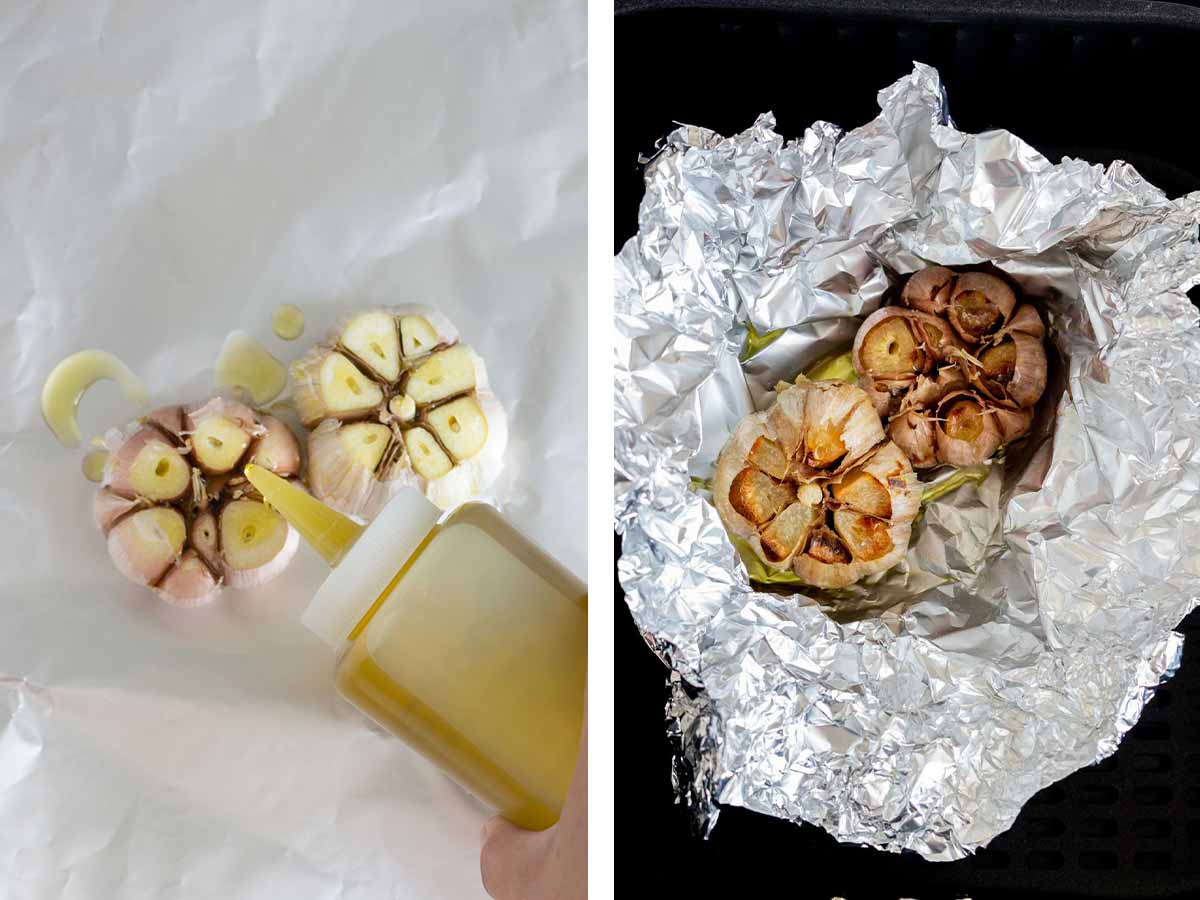 Set of two photos showing garlic bulbs drizzled with oil and roasted.